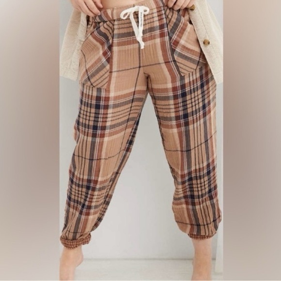 aerie Pants - Aerie Soft Gauze Plaid Pajama Jogger Pants Womens Small Regular Brown/Tan Lounge